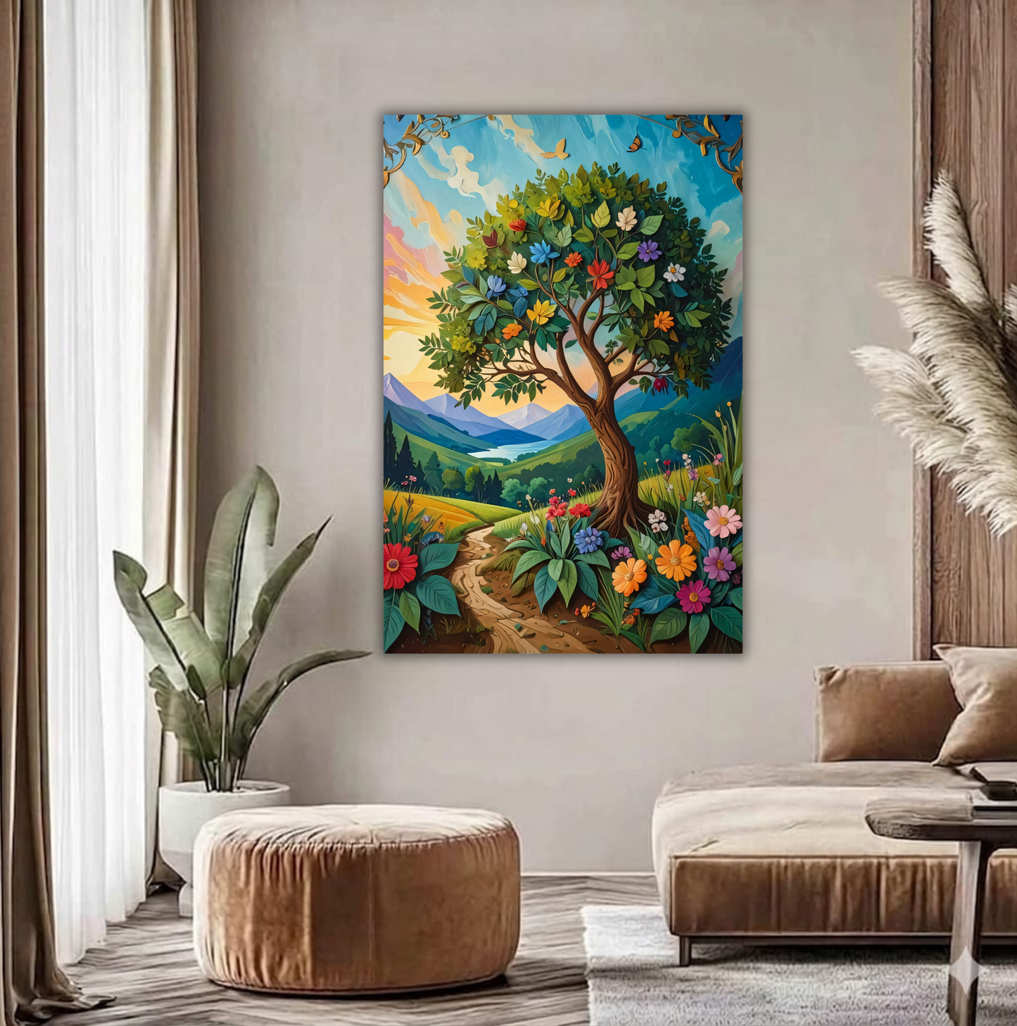 The Whimsical Tree of Life: Layered Papercraft-Style Landscape Canvas Print