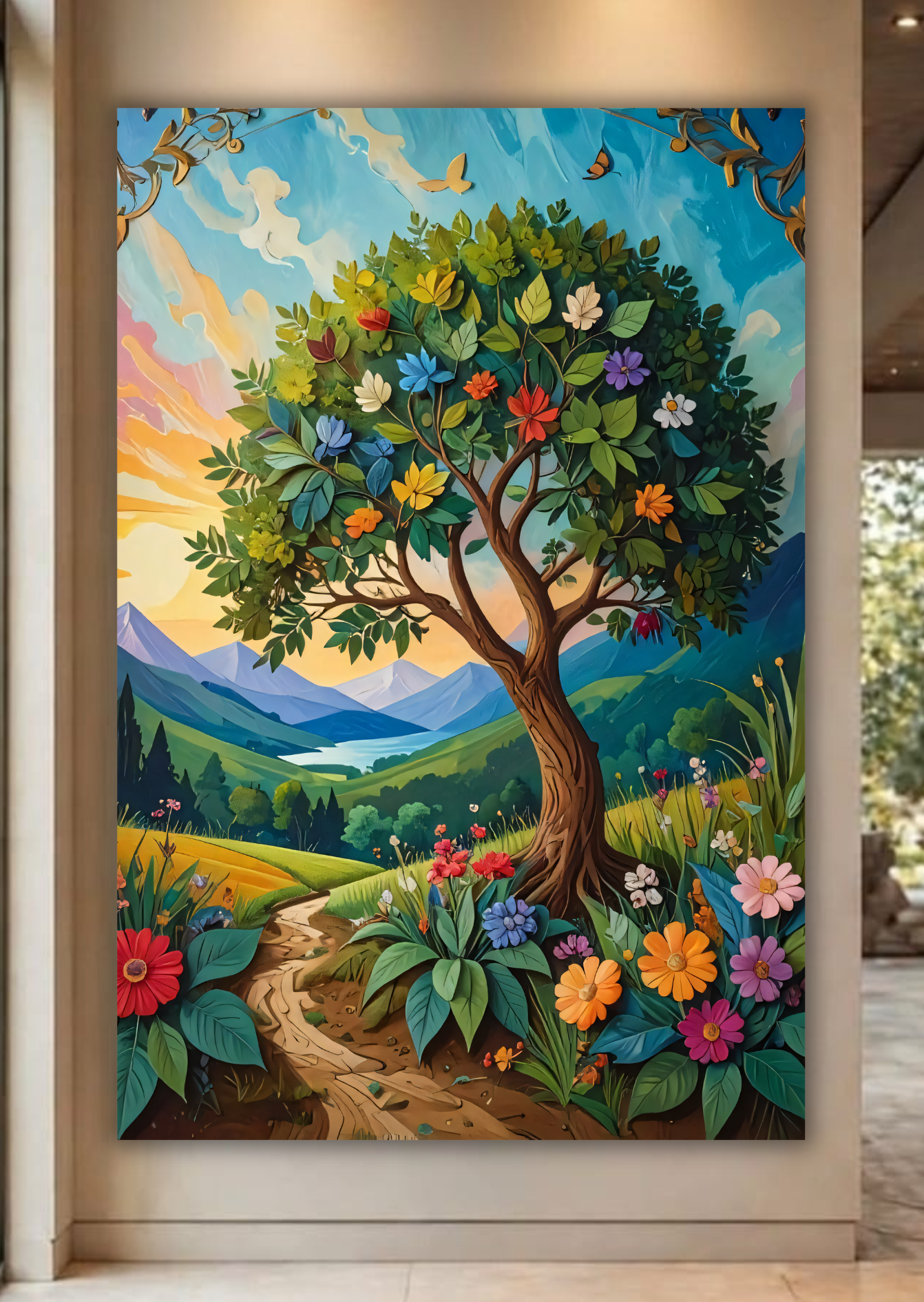 The Whimsical Tree of Life: Layered Papercraft-Style Landscape Canvas Print