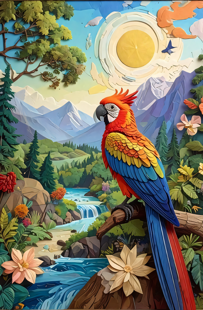 Tropical Oasis: Layered Papercraft-Style Macaw Canvas Art Print