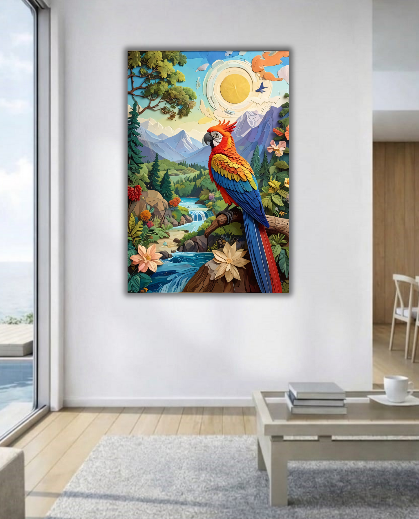 Tropical Oasis: Layered Papercraft-Style Macaw Canvas Art Print