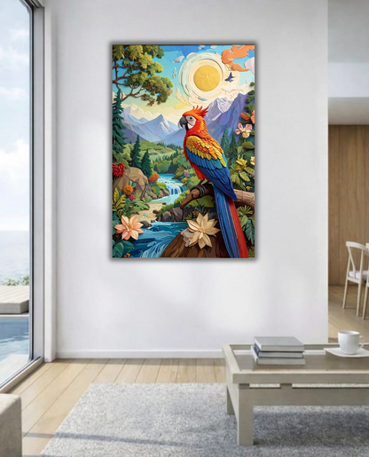 Tropical Oasis: Layered Papercraft-Style Macaw Canvas Art Print