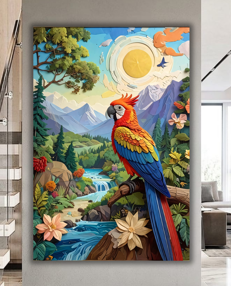 Tropical Oasis: Layered Papercraft-Style Macaw Canvas Art Print
