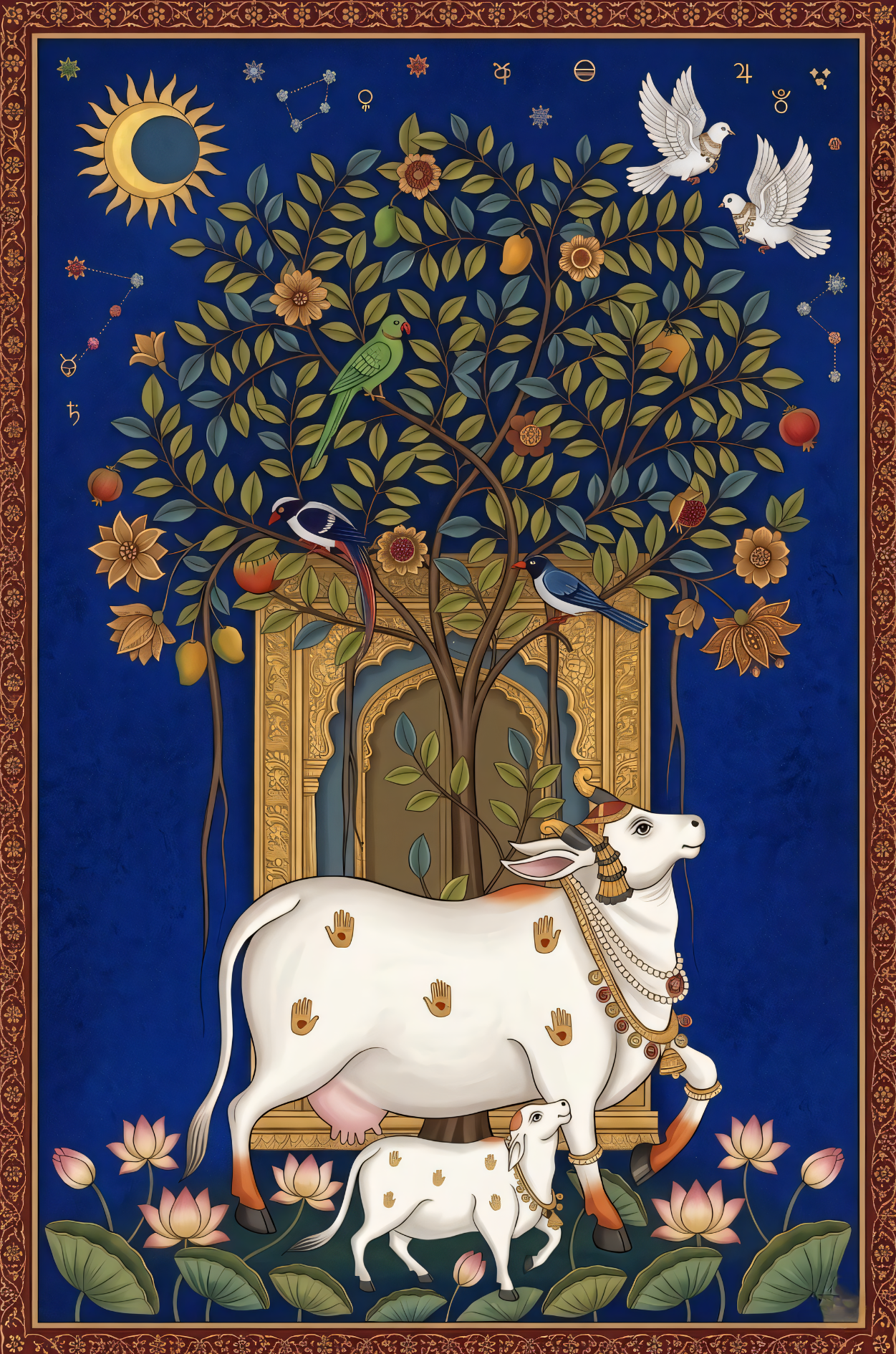 Sacred Abundance: Traditional Pichwai Cow and Calf Canvas Art Print