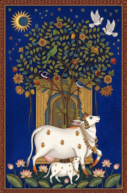 Sacred Abundance: Traditional Pichwai Cow and Calf Canvas Art Print