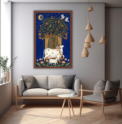 Sacred Abundance: Traditional Pichwai Cow and Calf Canvas Art Print
