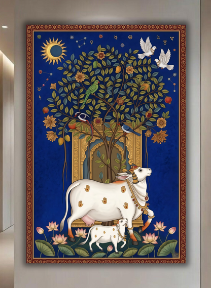 Sacred Abundance: Traditional Pichwai Cow and Calf Canvas Art Print