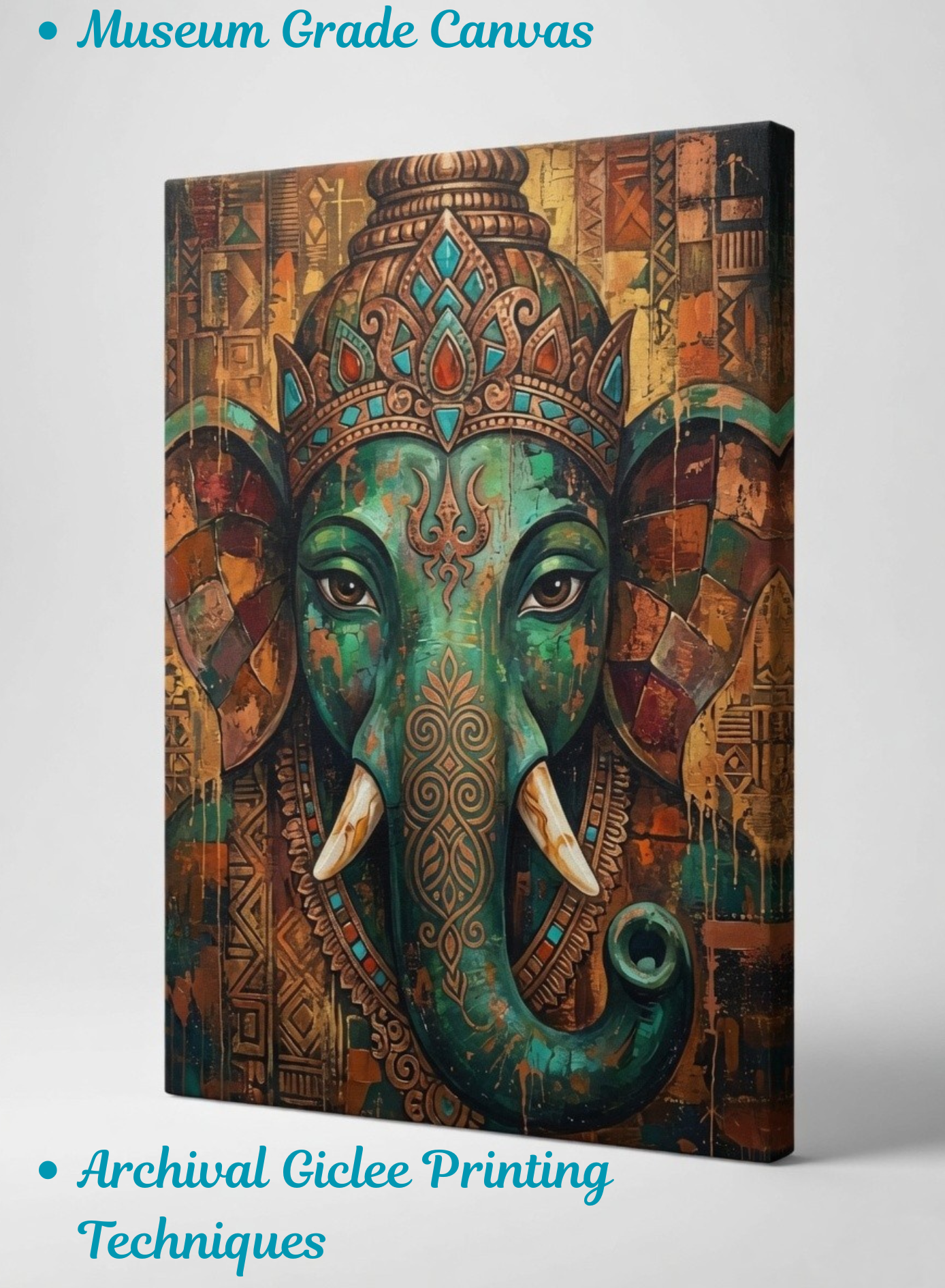 Sacred Presence: Vibrant Teal and Bronze Ganesha Elephant Canvas Print