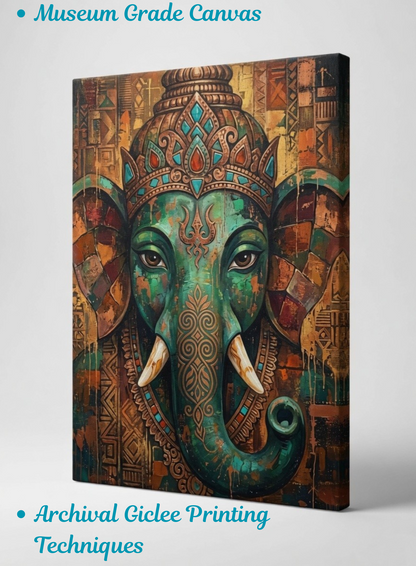 Sacred Presence: Vibrant Teal and Bronze Ganesha Elephant Canvas Print