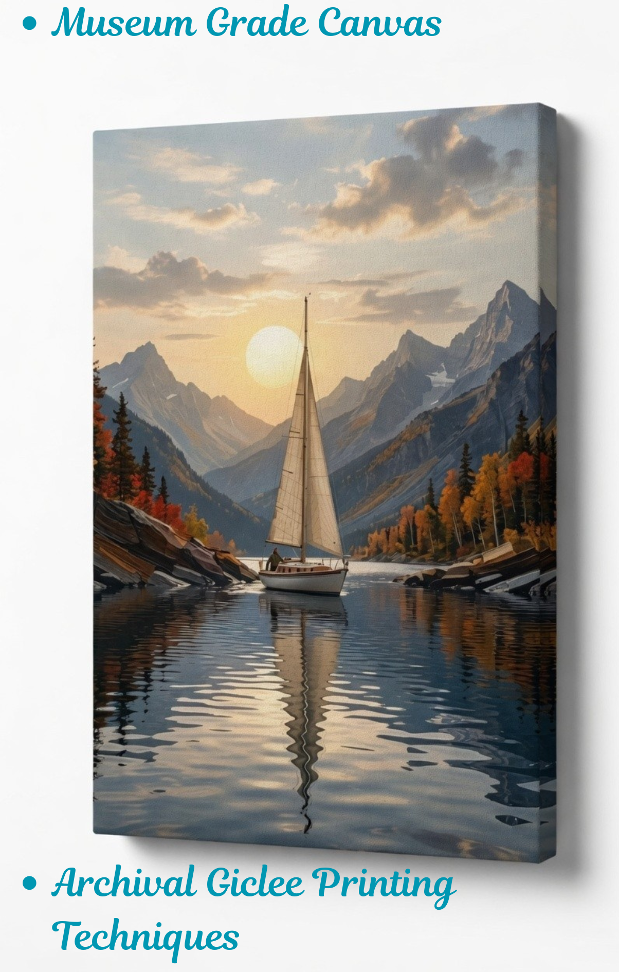 Golden Hour Voyage: Mountain Lake Sailboat Canvas Art Print