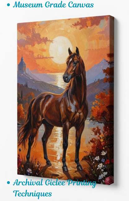 Regal Sentinel: Impressionist Bay Horse Autumn Landscape Canvas Print