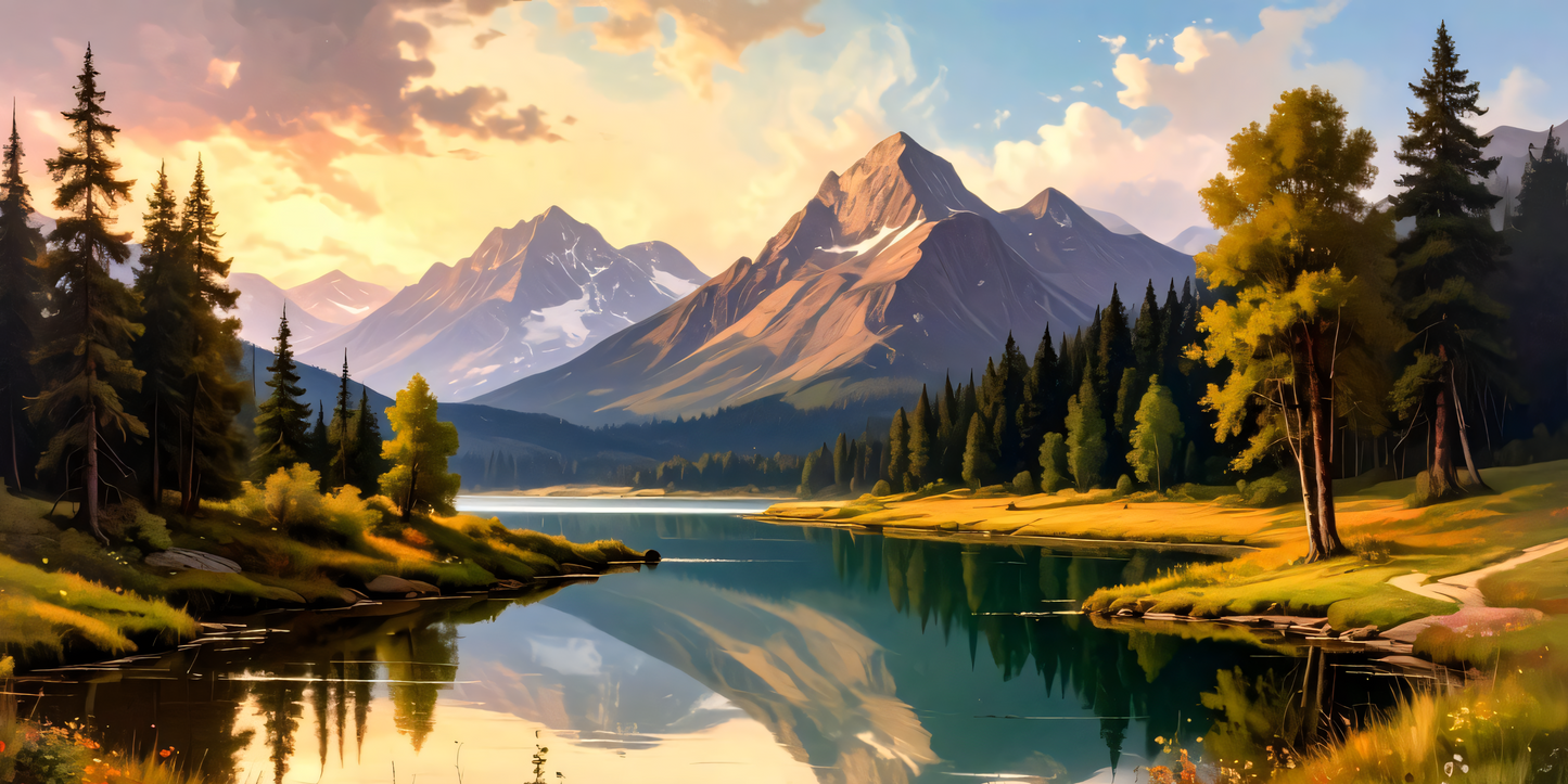 Mountain Mirror: Impressionist Alpine Lake Panoramic Canvas Art Print