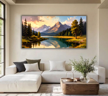 Mountain Mirror: Impressionist Alpine Lake Panoramic Canvas Art Print