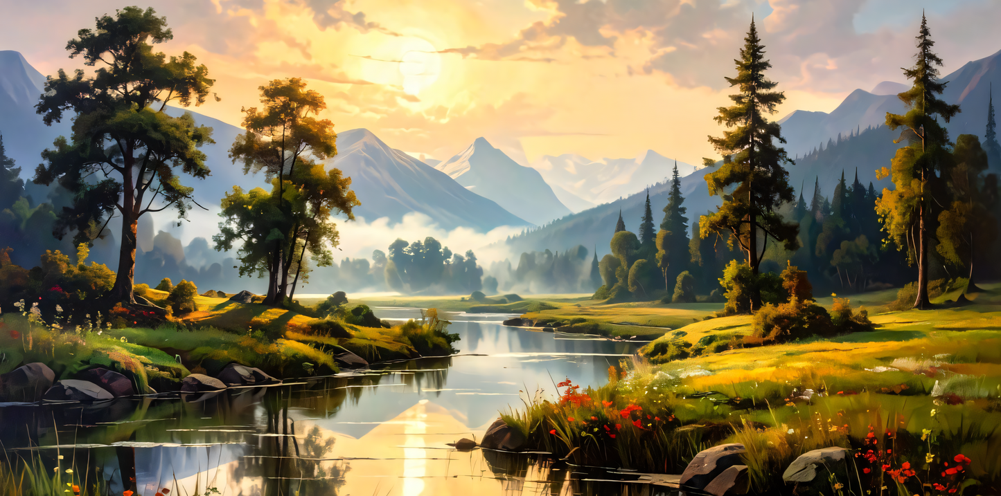 Alpine Dawn: Impressionist Mountain River Panoramic Canvas Art Print