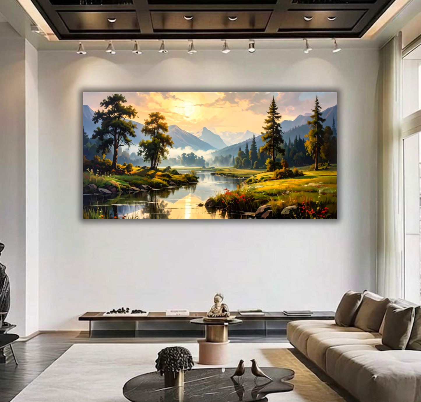 Alpine Dawn: Impressionist Mountain River Panoramic Canvas Art Print