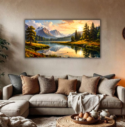 Golden Hour Symmetry: Impressionist Alpine Lake Panoramic Canvas Art Print