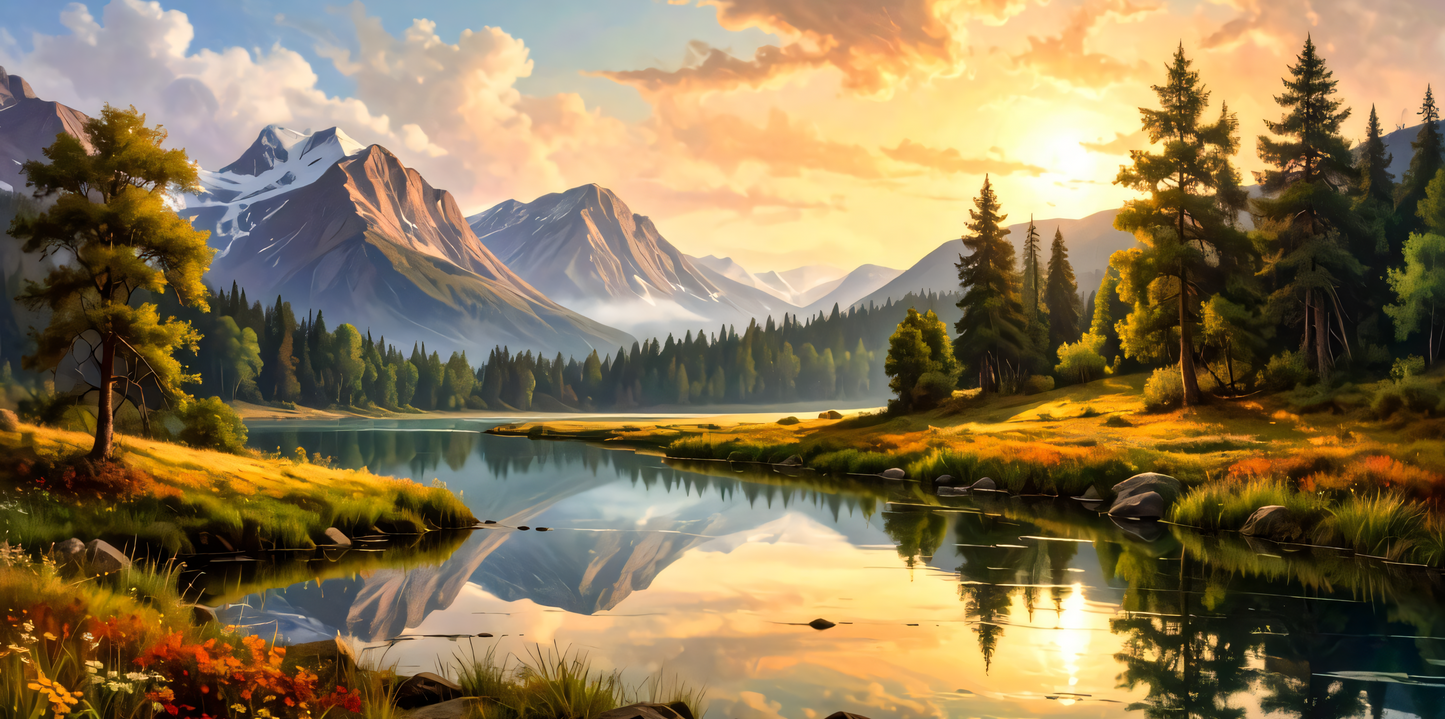 Golden Hour Symmetry: Impressionist Alpine Lake Panoramic Canvas Art Print
