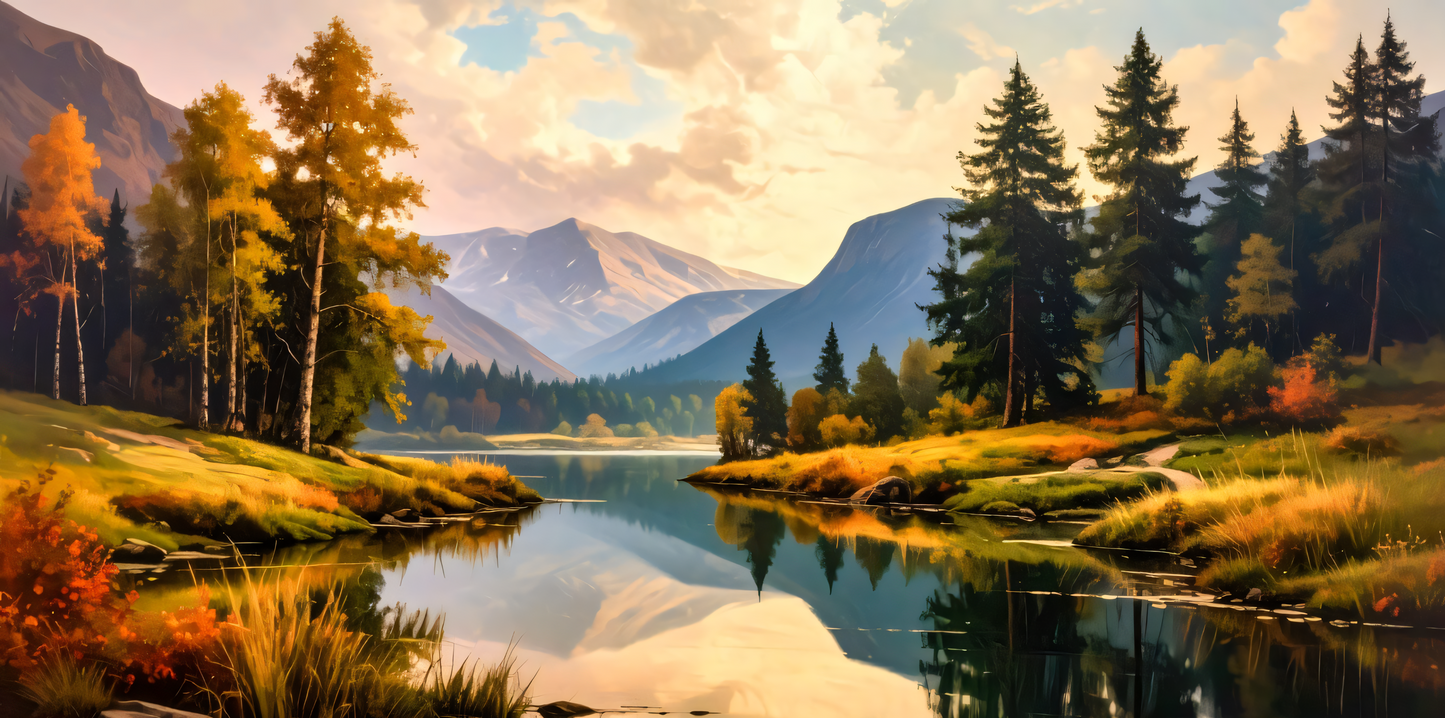 Autumn Transition: Impressionist Alpine Lake Panoramic Canvas Art Print