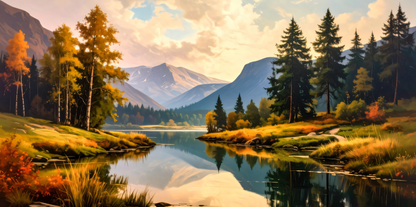 Autumn Transition: Impressionist Alpine Lake Panoramic Canvas Art Print