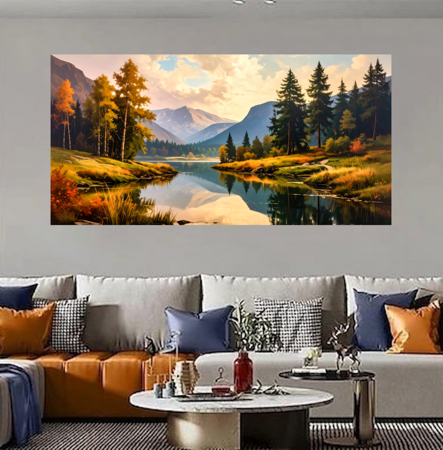 Autumn Transition: Impressionist Alpine Lake Panoramic Canvas Art Print