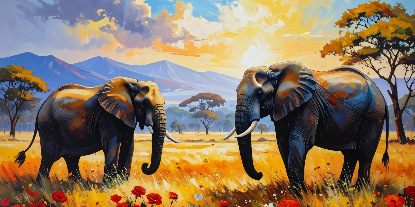 Giants of the Savanna: Impressionist African Elephant Panoramic Canvas Art Print