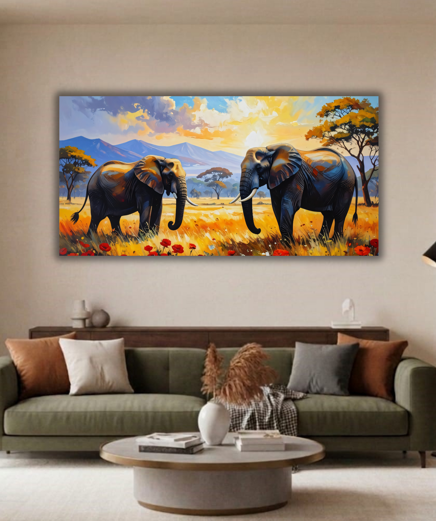 Giants of the Savanna: Impressionist African Elephant Panoramic Canvas Art Print
