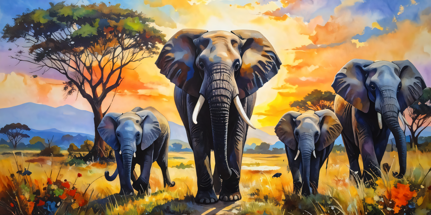 Savanna Matriarch: Impressionist Elephant Herd Panoramic Canvas Art Print