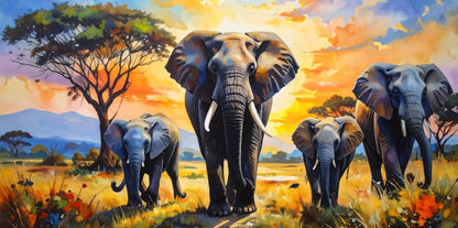 Savanna Matriarch: Impressionist Elephant Herd Panoramic Canvas Art Print