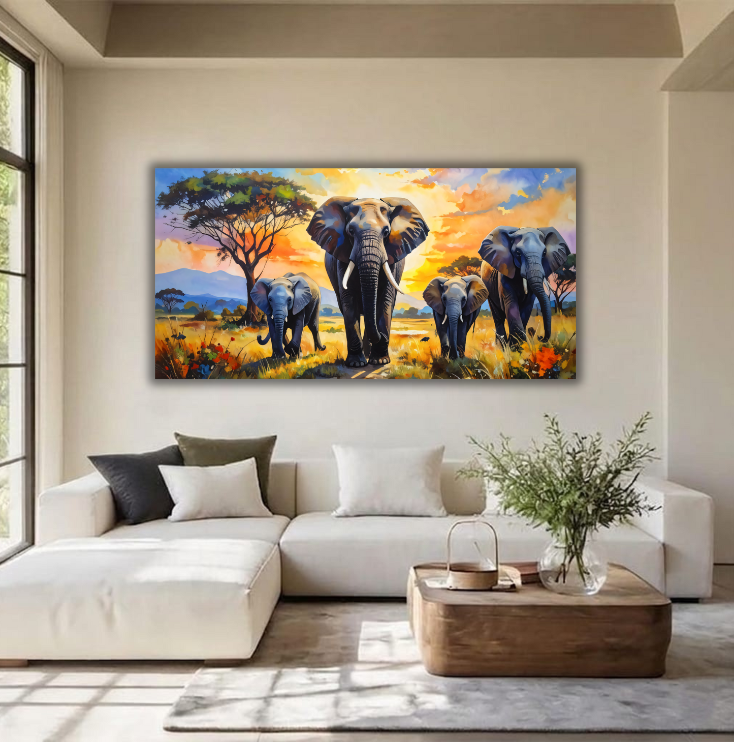 Savanna Matriarch: Impressionist Elephant Herd Panoramic Canvas Art Print