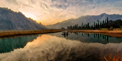 Evening Solitude: Post-Impressionist Mountain River Panoramic Canvas Print