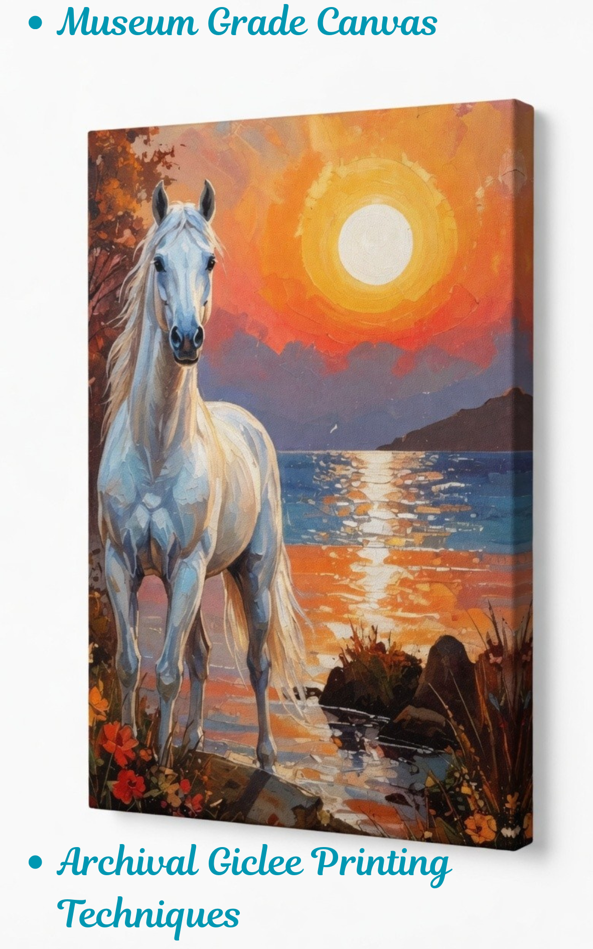 Coastal Serenade: Impressionist White Stallion Sunset Canvas Print
