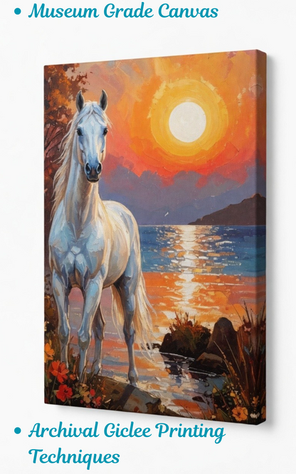 Coastal Serenade: Impressionist White Stallion Sunset Canvas Print