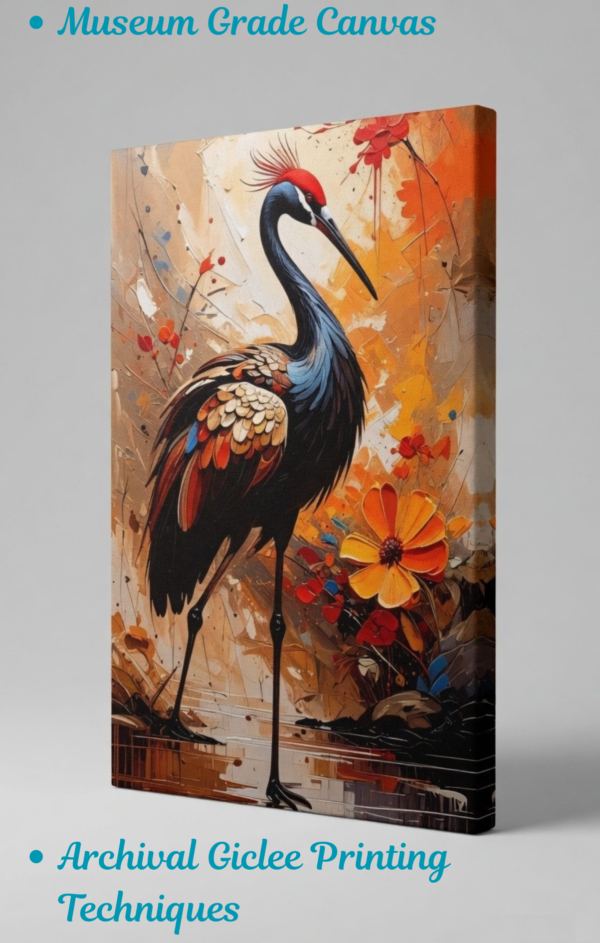 Golden Plumage: Textured Crane and Blossom Wildlife Wall Art