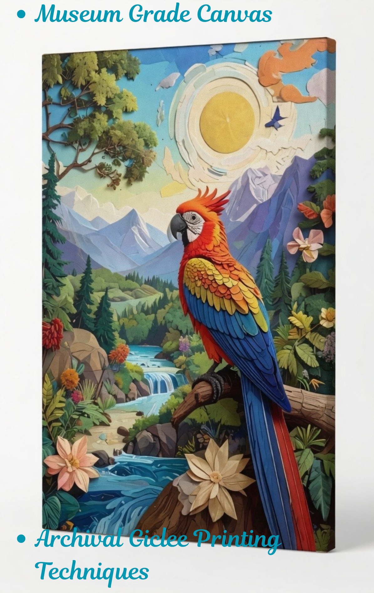 Tropical Oasis: Layered Papercraft-Style Macaw Canvas Art Print