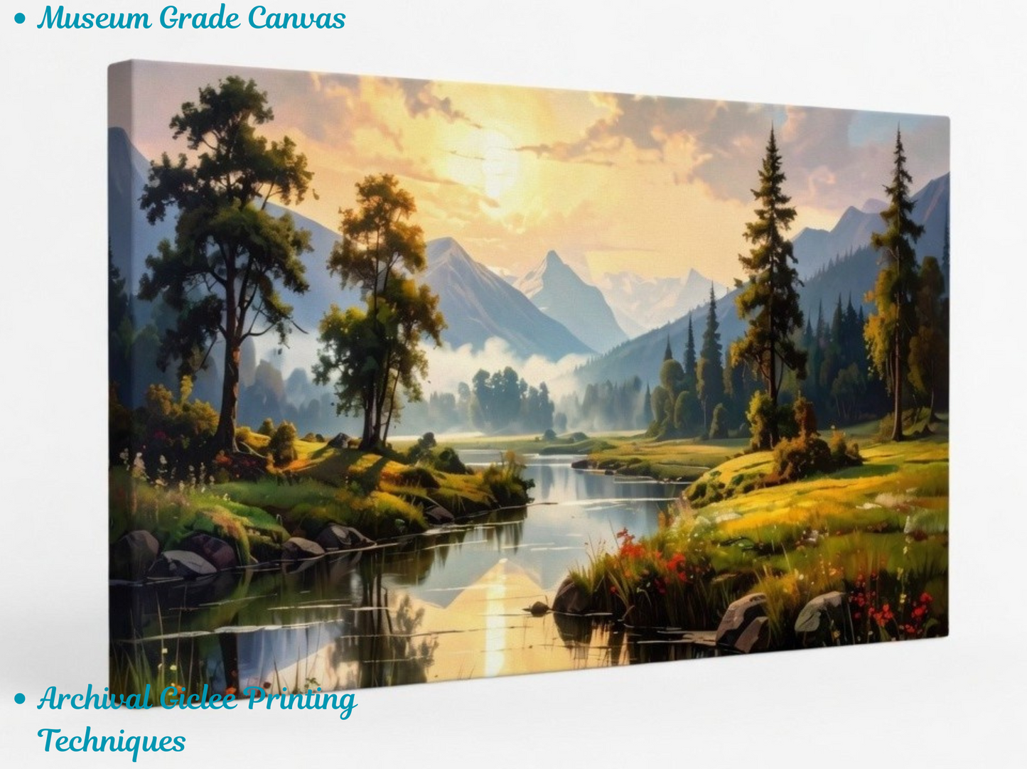 Alpine Dawn: Impressionist Mountain River Panoramic Canvas Art Print