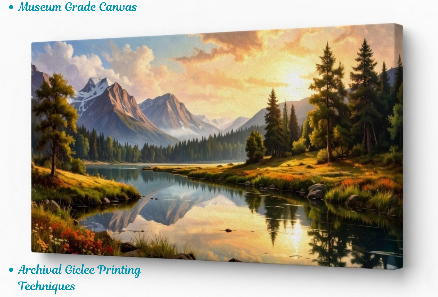 Golden Hour Symmetry: Impressionist Alpine Lake Panoramic Canvas Art Print