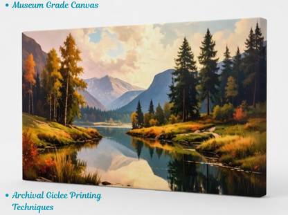 Autumn Transition: Impressionist Alpine Lake Panoramic Canvas Art Print
