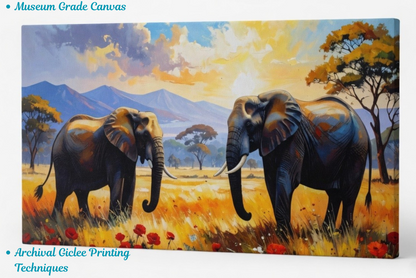 Giants of the Savanna: Impressionist African Elephant Panoramic Canvas Art Print