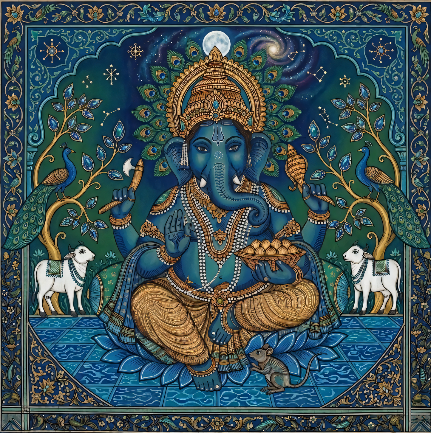 Celestial Blessings: Ornate Midnight Blue Ganesha Canvas Art Print