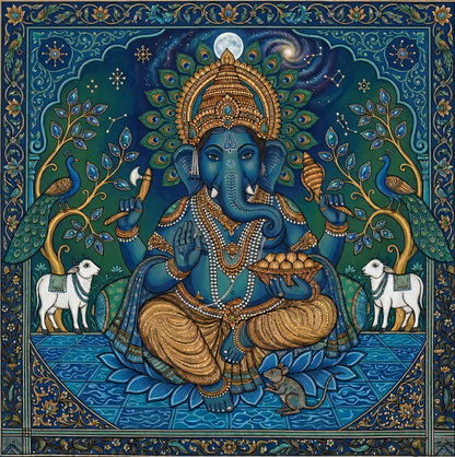 Celestial Blessings: Ornate Midnight Blue Ganesha Canvas Art Print