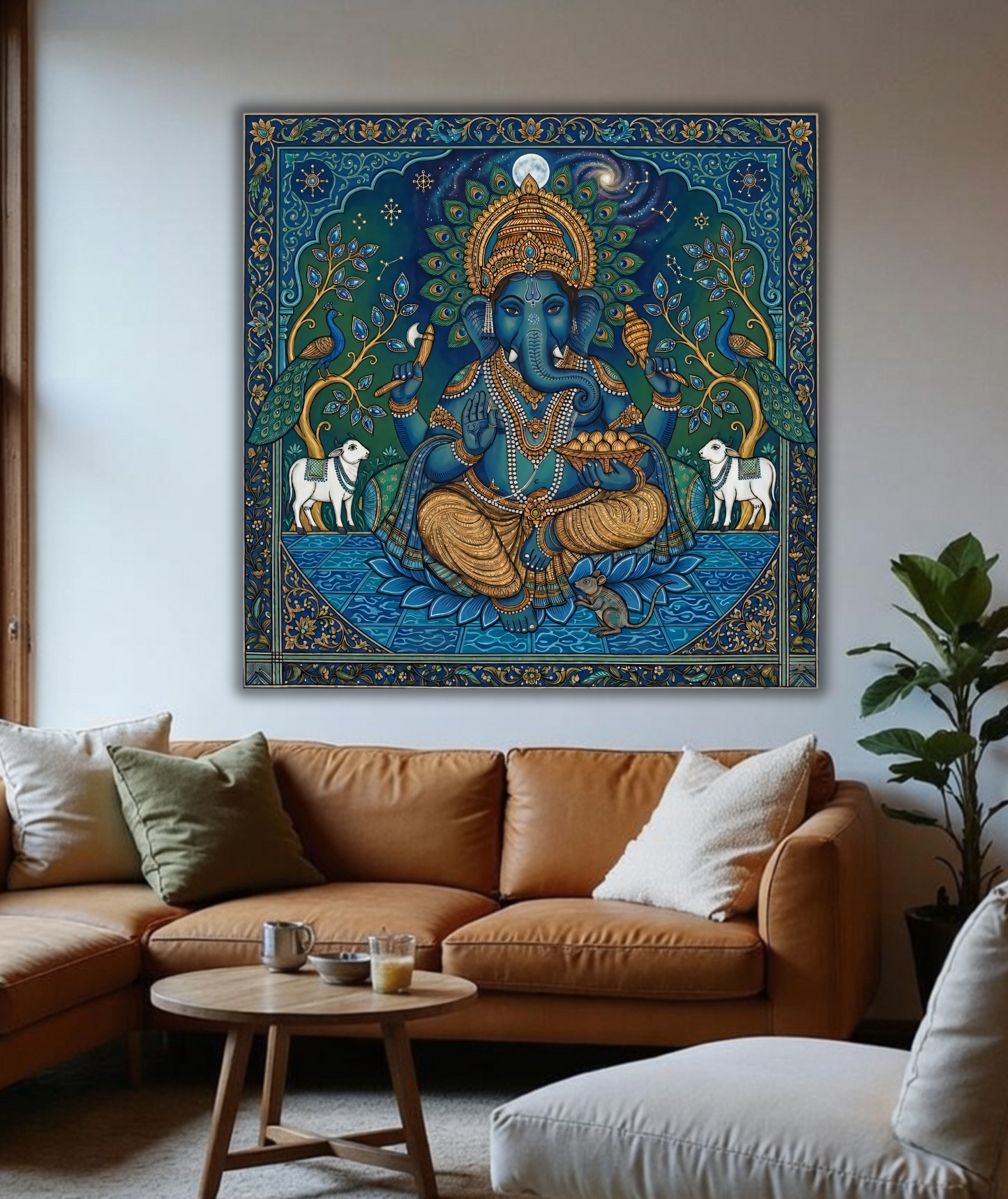 Celestial Blessings: Ornate Midnight Blue Ganesha Canvas Art Print