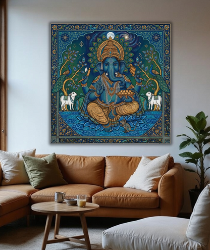 Celestial Blessings: Ornate Midnight Blue Ganesha Canvas Art Print