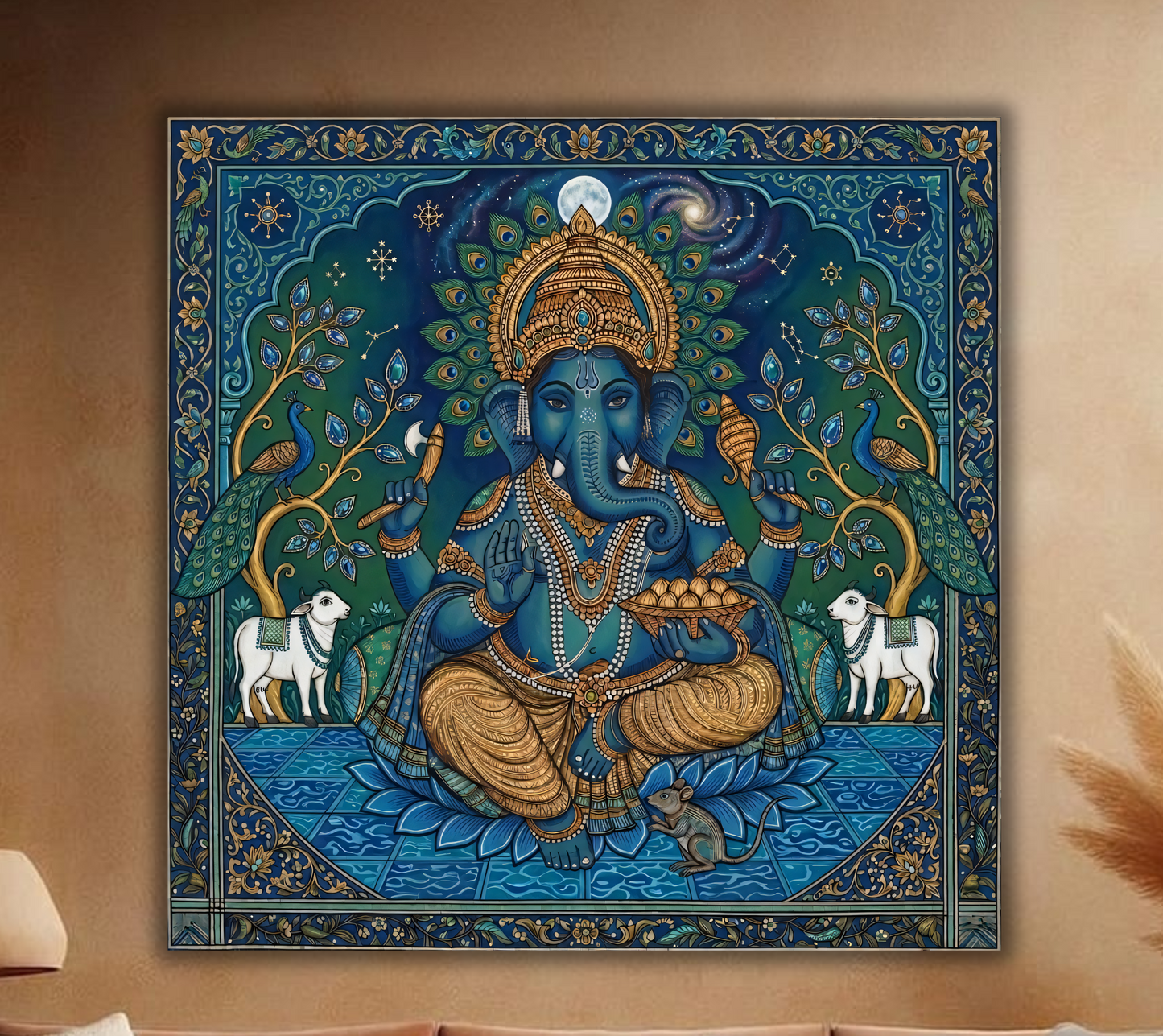 Celestial Blessings: Ornate Midnight Blue Ganesha Canvas Art Print