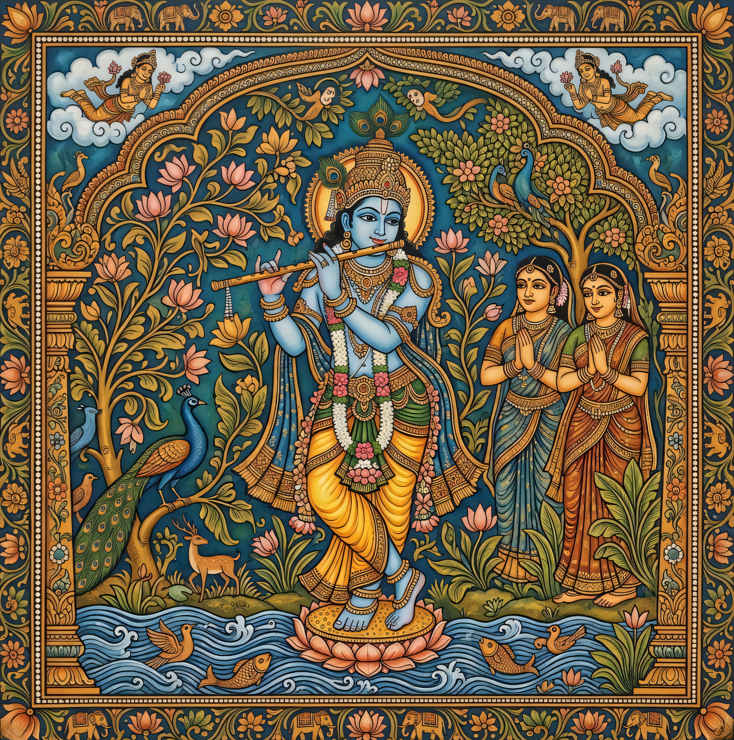 Divine Melody: Traditional Lord Krishna and Gopis Canvas Art Print