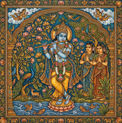 Divine Melody: Traditional Lord Krishna and Gopis Canvas Art Print