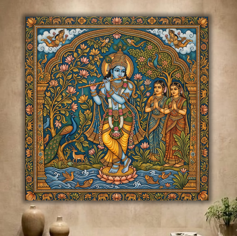 Divine Melody: Traditional Lord Krishna and Gopis Canvas Art Print