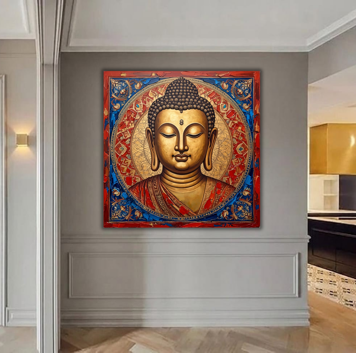 Golden Serenity: Intricate Meditative Buddha Face Canvas Art Print