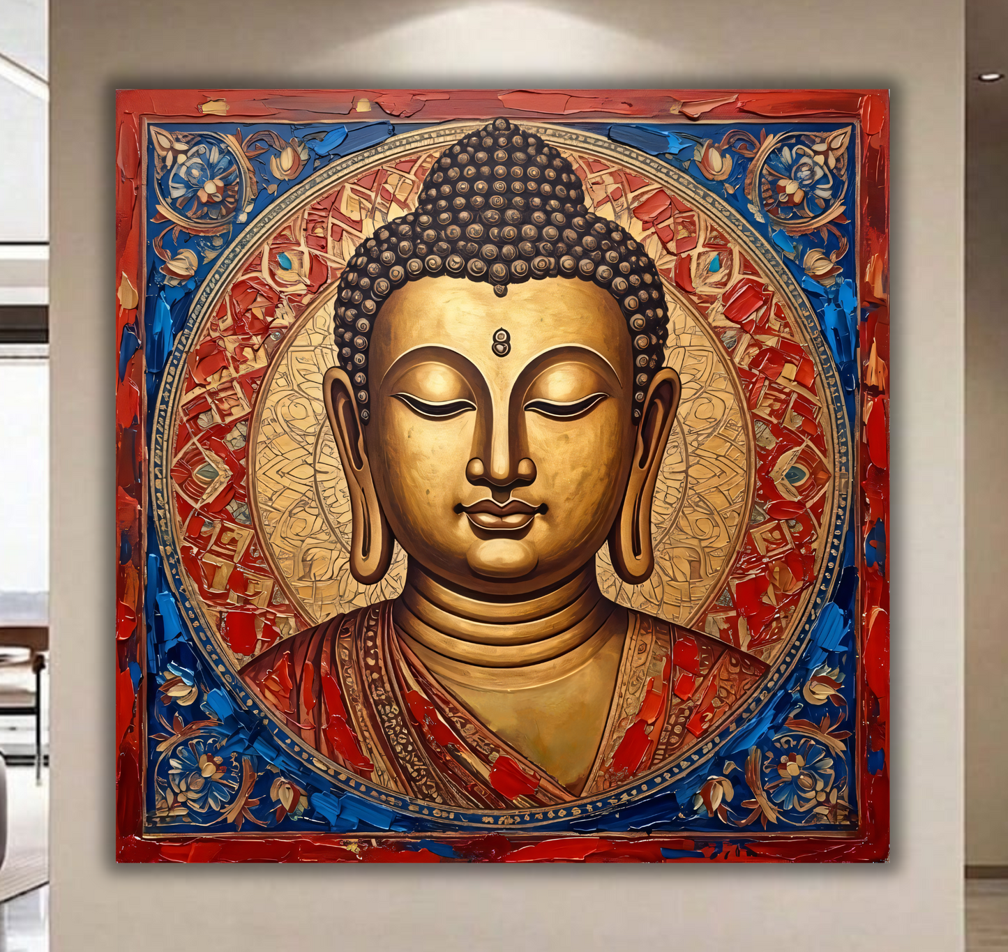 Golden Serenity: Intricate Meditative Buddha Face Canvas Art Print
