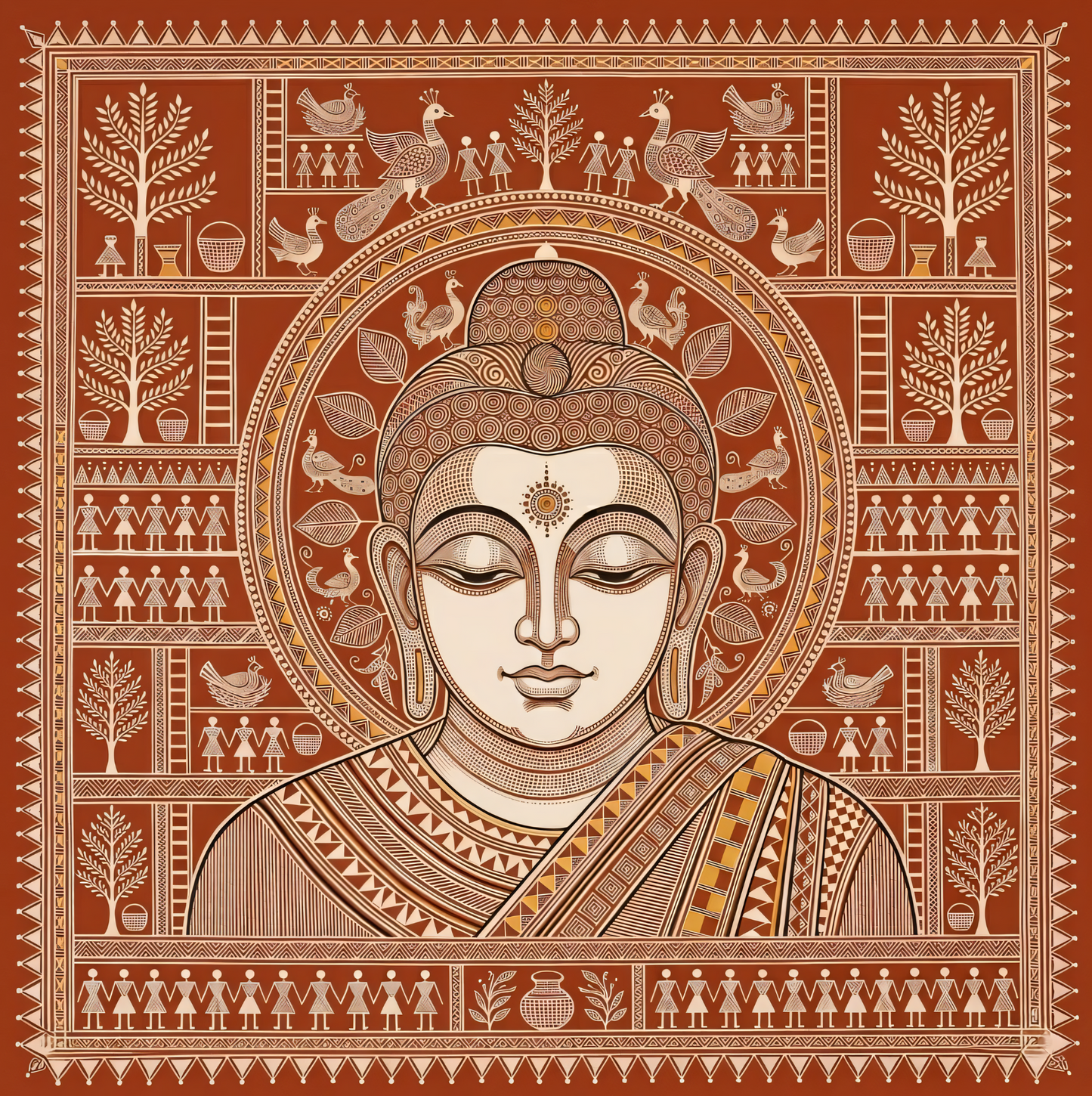 Tribal Serenity: Warli-Inspired Traditional Buddha Canvas Art Print