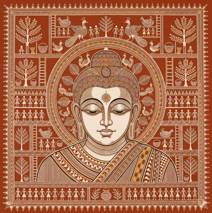 Tribal Serenity: Warli-Inspired Traditional Buddha Canvas Art Print