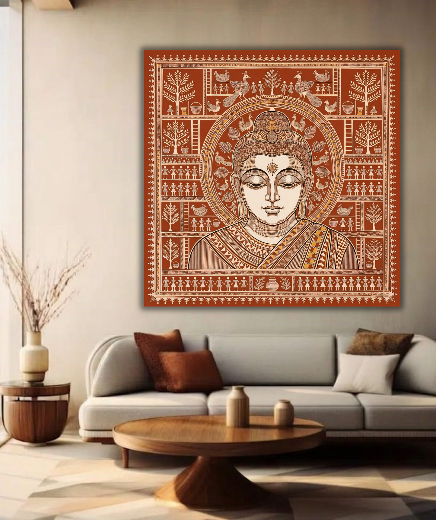 Tribal Serenity: Warli-Inspired Traditional Buddha Canvas Art Print